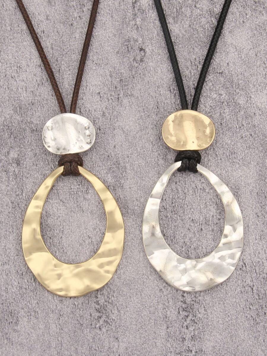 1pc Fashion Oval Hollow Alloy Pendant Necklace, Unisex, Black Wax Cord Simple Hip-Hop Necklace, Suitable As Gift For Boyfriend Or Girlfriend