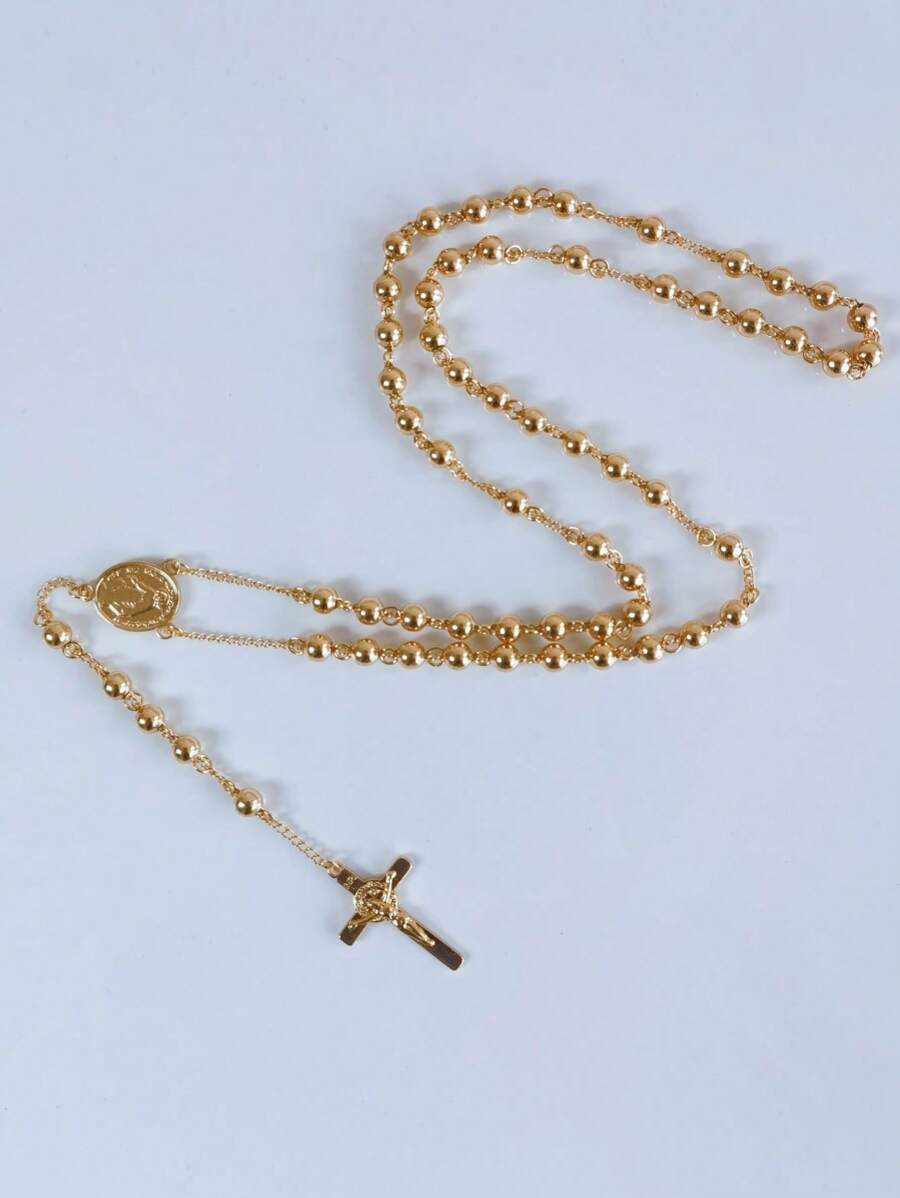 Collier en acier inoxydable pour femmes, pendentif Vierge Marie religieux chrétien et croix de Jésus avec chaîne à perles longue, bijoux de mode