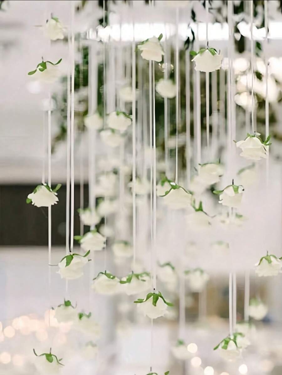 21pcs/42pcs White Rose Waterfall Set With 20 Fake Roses And 1 Roll Of Clear Rope For Wedding Party Decoration Bridal Shower Birthday Room Decoration Supplies, Restaurant Party Roof Decoration
