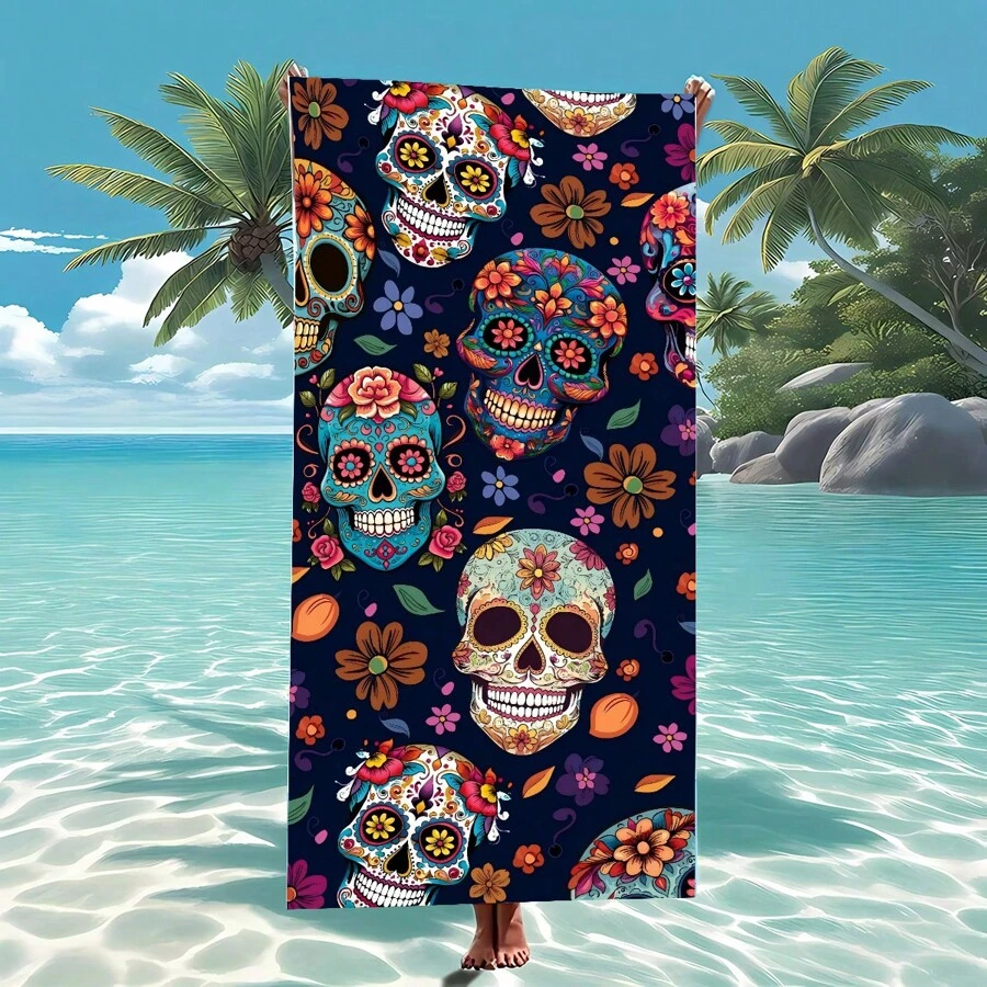 1 Stück Strandtuch mit Blumen-Totenkopf Design, ultra-weiches Mikrofaser Extra Groß Stranddecke, super saugfähiges Badetuch, geeignet für Reisen, Pool, Tauchen, Surfen, Yoga, Camping, in Erwachsenen- und Kindergrößen erhältlich, Strandaccessoires