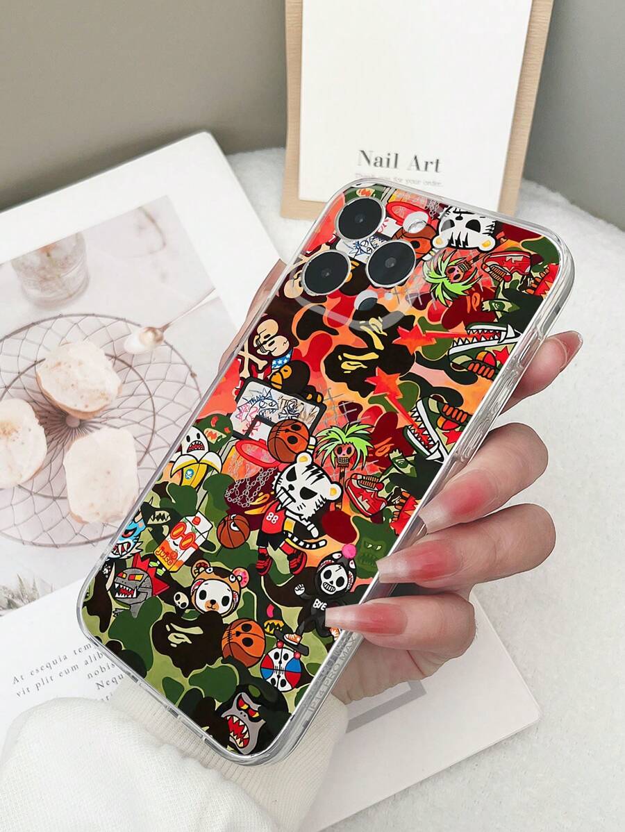 1 pieza Funda de teléfono con patrón de camuflaje de baloncesto multicolor transparente de TPU anti caídas compatible con iPhone 15/15Pro/15Plus/15ProMax/16/16Pro/16Plus/16ProMax, Galaxy S23 Ultra/A14/A24, Redmi Note 12 Pro, Pixel 8/8 Pro