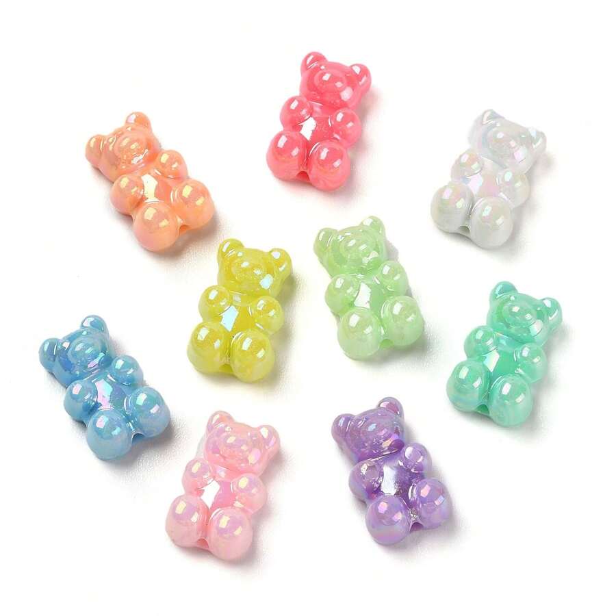 50 piezas de cuentas acrílicas opacas de oso, con baño de color AB, de colores mezclados, de 18x11x7mm, con orificio de 1,4mm, para collares, pulseras y suministros de joyería