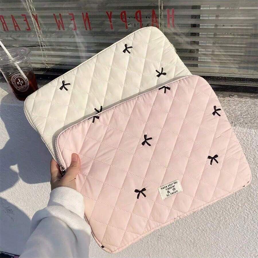 Cute Lingge Embroidered Bow Tablet Bag Laptop Bag Compatible With Macbook Full Of Girl Hearts