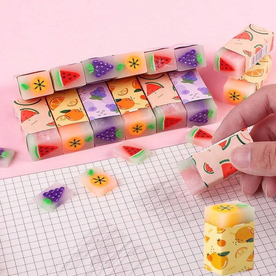 1 pieza Borradores con diseño de frutas, borradores suaves con temática de frutas, borradores mini lindos con patrones, borrables para marcas de lápiz, adecuados para útiles escolares y regalos navideños (color y estilo aleatorios), útiles escolares, de vuelta a clases