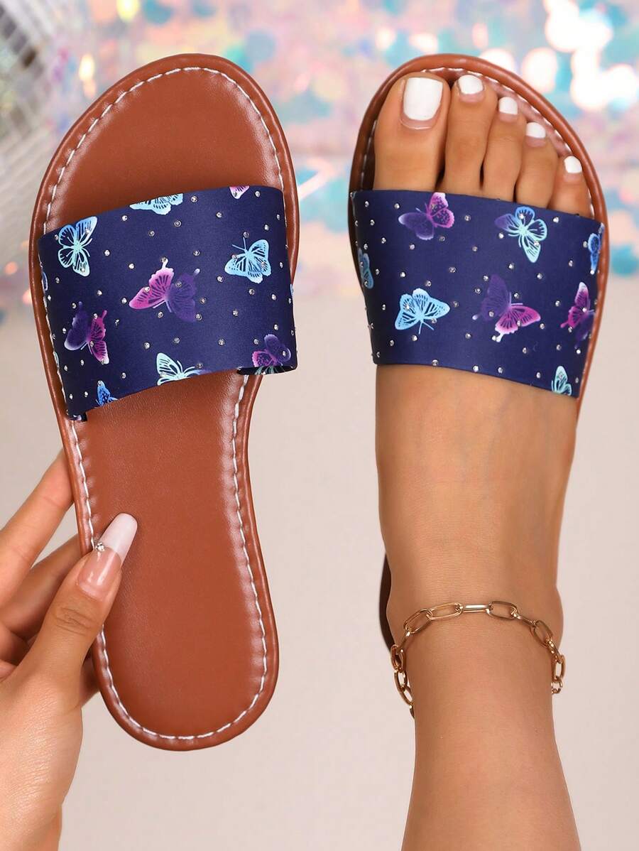 Women's Casual Round Toe Colorful Butterfly Print Rhinestone Decor Flat Slippers