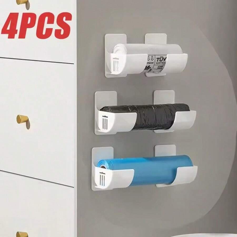 4 pièces Ensemble organisateur de cuisine sans perçage - Étagères de rangement multifonctionnelles pour film alimentaire, sacs poubelle et plus - Parfait pour les armoires, les réfrigérateurs et les parapluies