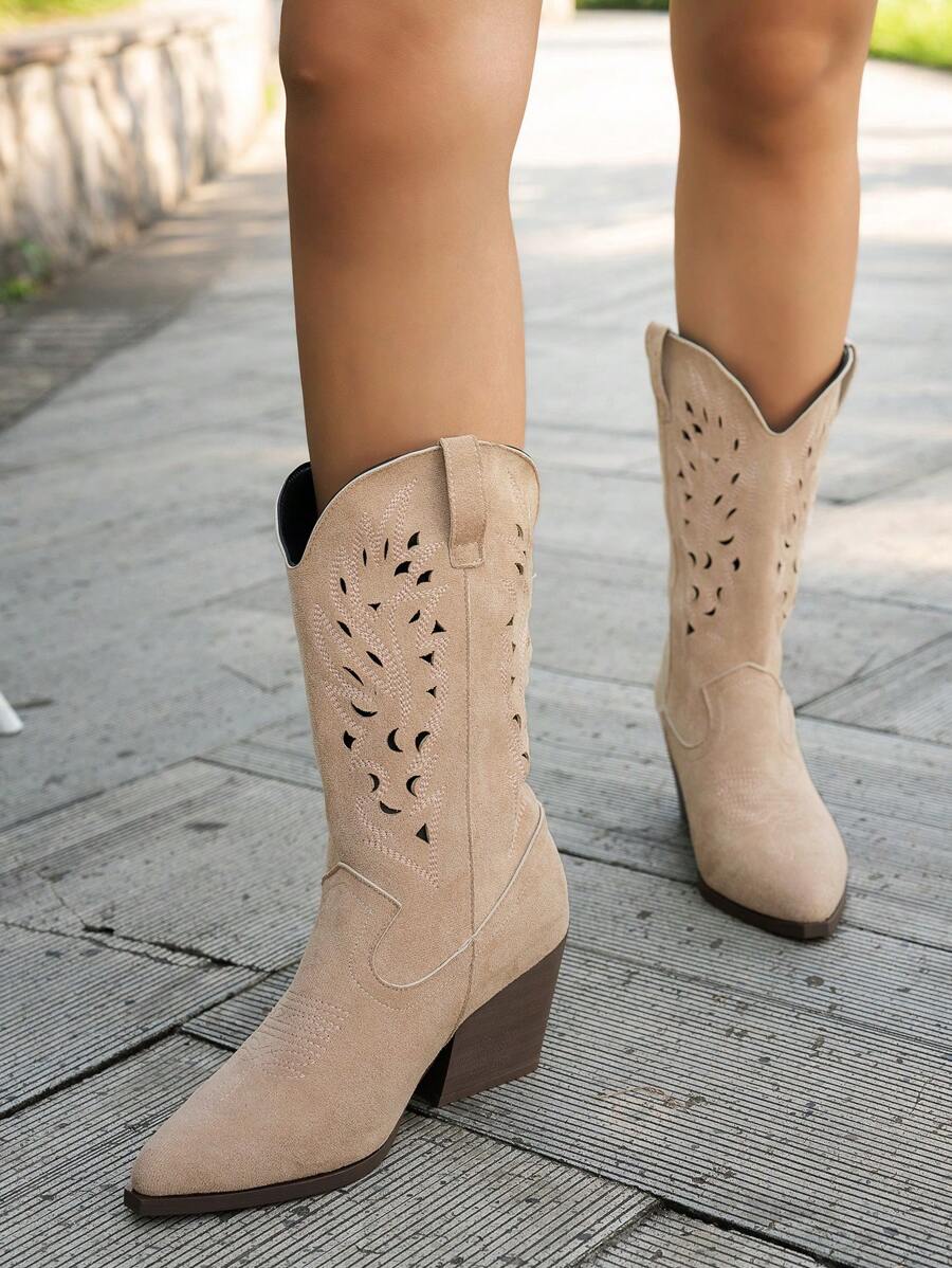 Damen bestickte Knöchel-Stiefel, neue Chunky Heel Retro Cowboy Stiefel für Frühling/Herbst, in Khaki Farbe, perforiert und atmungsaktiv, vielseitig einsetzbar