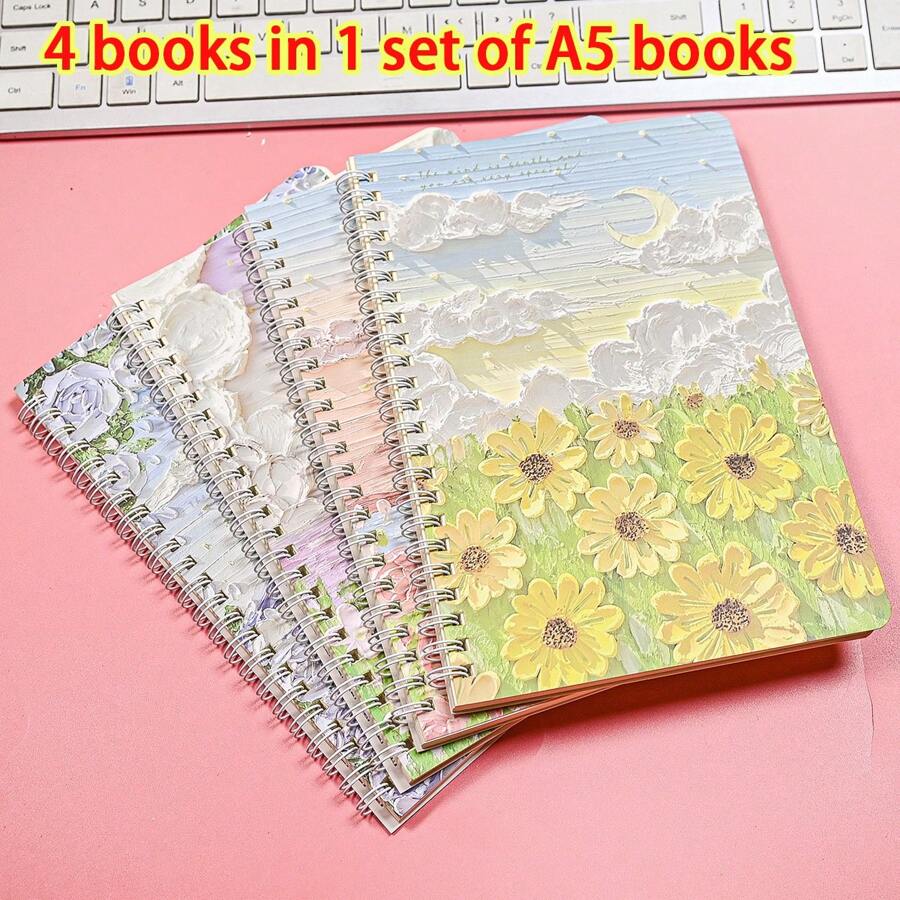 4 Books, 1 Set Of A5 Coil Books, Back-To-School Season Cover Hard Face Student Supplies Books, School Reward Books, Notebook Books, Cartoon Coil Books, Notepad Books, Cute Student Stationery, Paper Student Prizes School Supplies, Back To School