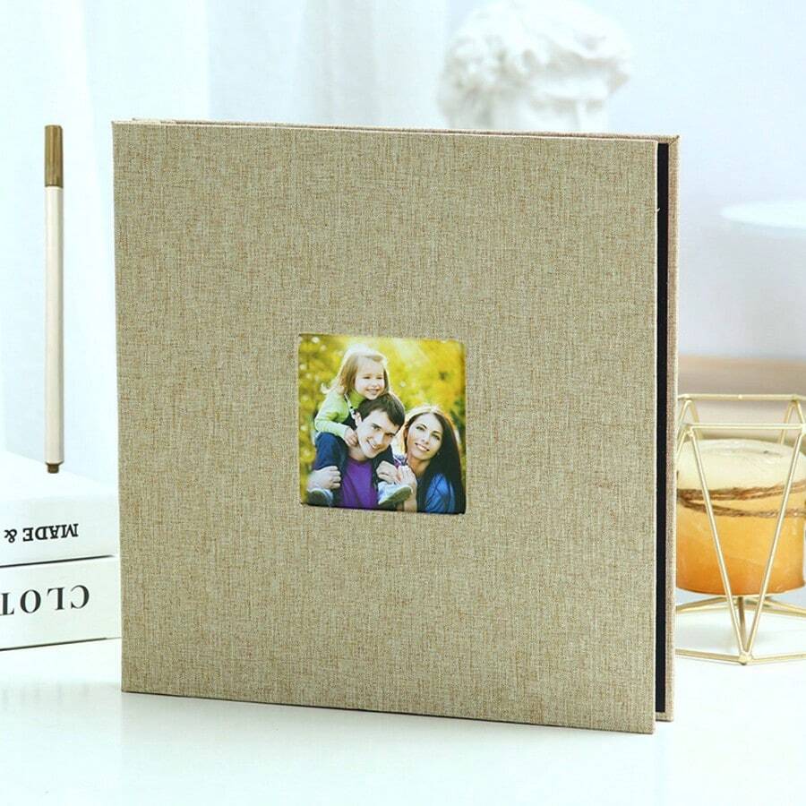 Album photo adhésif pour photos de 4" x 6" et 8" x 10", album photo scrapbooking en lin pour anniversaire familial, livre photo mémoriel avec fenêtre avant, albums photo DIY avec 40 pages vierges et un stylo