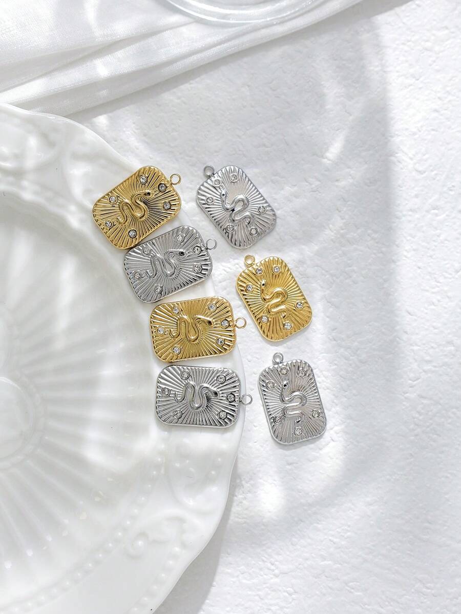 1pc/Pack 304 Stainless Steel Zodiac Snake-Shaped Tag With Zirconia Stone Inlay, Accessory