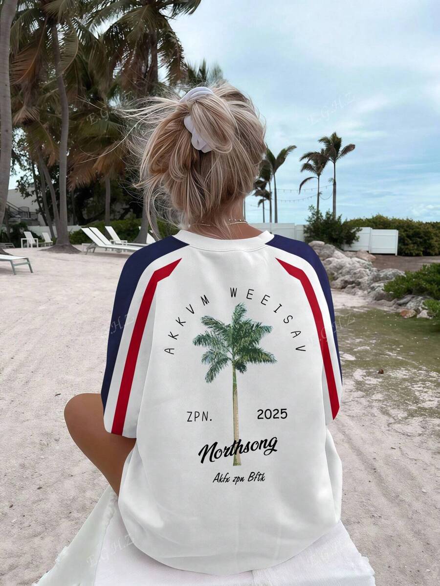 Koszulka z krótkim rękawem w kontrastowym kolorze z nadrukiem w stylu retro American Retro Coconut Tree T-shirt dla par, na wakacje, na lato