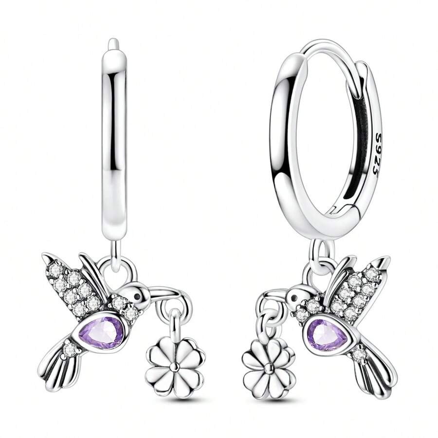 925 Silver Purple Hummingbird Four-Leaf Clover Earrings Drop Earrings - Lucky Fine Jewelry Gift (St. Patrick's Day/Everyday Elegance)