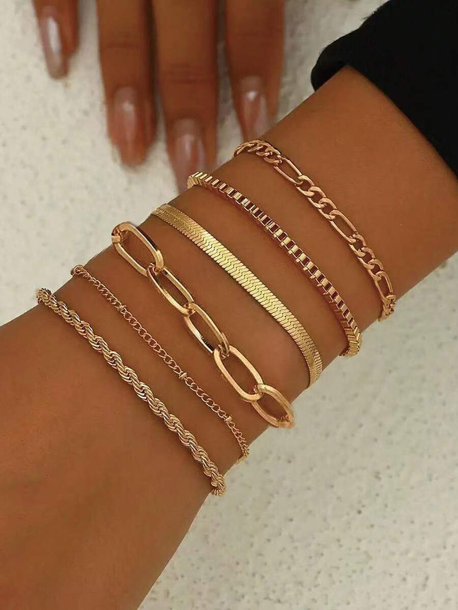 6pcs Set Simple Stainless Steel Twist Chain Bracelets, Suitable For Women's Daily Wear