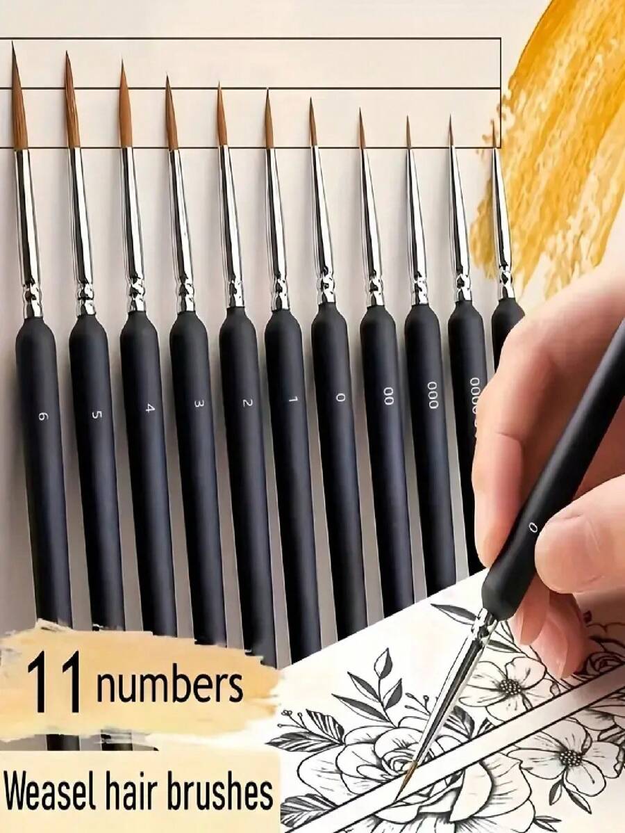 11pcs Professional Fine Liner Brush Set For DIY Model Painting, Durable Weasel Hair Brushes, Suitable For Watercolor, Oil, Acrylic Painting, Artist Grade Detail Brushes, Plastic Super Fine Acrylic, Watercolor Pens, Outline Brush, Factory Direct,Back To School,School Supplies