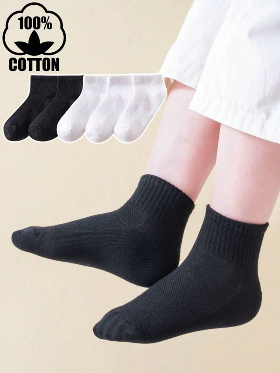5 Pairs Cotton 100% Kids Socks, Black & White Striped Mid-Calf Socks For Boys & Girls, All Seasons