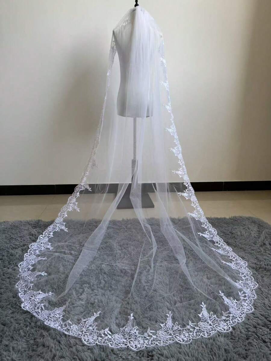 White Ivory Long Full Edge Lace Wedding Veil One Layer Tulle Bridal Veil With Comb Wedding Accessories Veu Velo Noiva