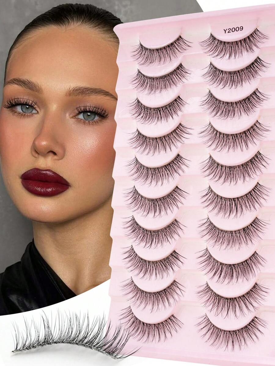 10pcs/Set Soft Natural Short False Eyelashes, Synthetic Mink Invisible Band Reusable Eyelashes, Fashionable Handmade Cartoon Design To Enlarge Eyes, Suitable For Daily, Work And Holiday