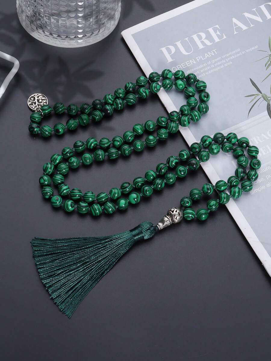 YAUKIA Collier long à gland de 8 mm, collier de perles de malachite bohème, collier de perles vertes mala, méditation, yoga, bijoux de prière pour femmes et hommes