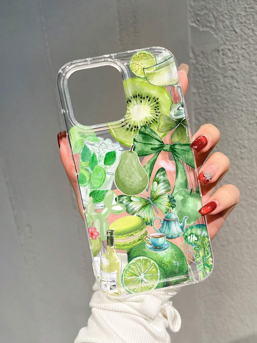 1pc Green Kiwi Fruit Drink & Butterfly Patchwork Anti-Fall Mobile Phone Case Compatible With IPhone 11 12 13 14 15 Pro Max/13promax Xr Xs16 16promax, S24 S20FE S23+ A54 5G/A52/A14/A15/A12/S22/S21A33 5G Galaxy A50 S25 Series, Gift For Men & Women