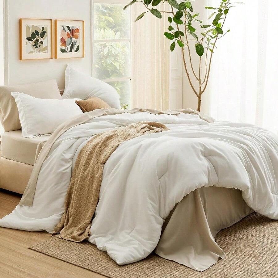 Full Comforter Set 7 Pieces White Full Bedding Set For All Seasons Boho Contrasting Design Bed In A Bag With Comforter Sheets Pillowcases And Shams
