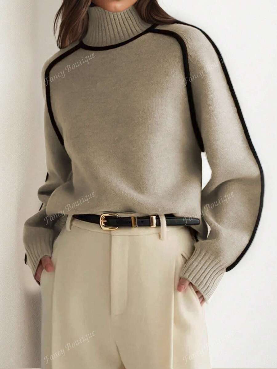 Lässiges Top für den Herbst, französischer Stil Damen gestrickter Pullover, Farbblock, Rückkehr zur Schule Kleidung, amerikanisches langes Hemd, modisch, Lehreroutfit, 70er Jahre Strickware, Pendeln, minimalistisch, Bürokleidung, Retro, einfach, französisch, einfarbiger Pullover, Vintage Herbst-Top, Apricot, Lehrerpullover, Rollkragen, Dropped-Shoulder Langarm, Damen lose Farbblock Langarm gestrickter Pullover, geeignet als Oberbekleidung