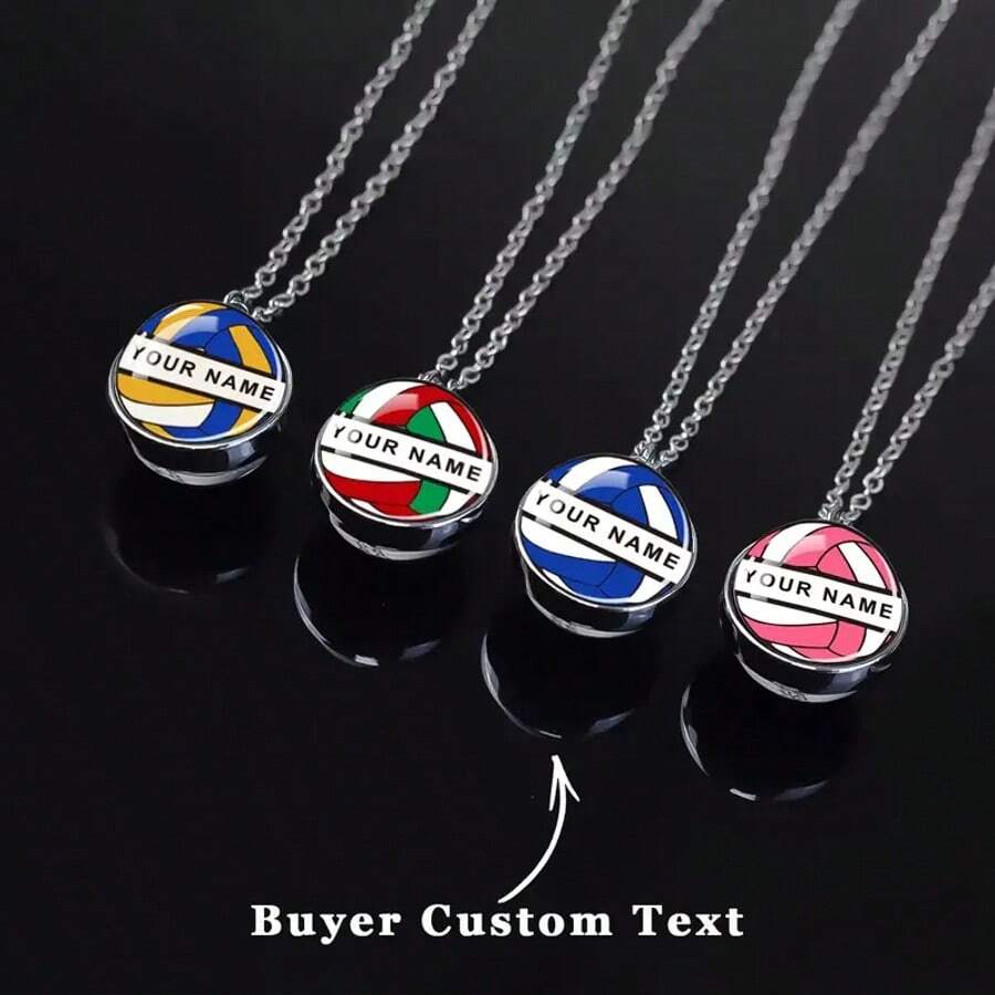 1pc Custom Name Volleyball Necklace Personalized Customized Text Multicolor Double Sided Glass Ball Pendant Chains Necklace Sports Style Jewelry Volleyball Fans Commemorative Gift