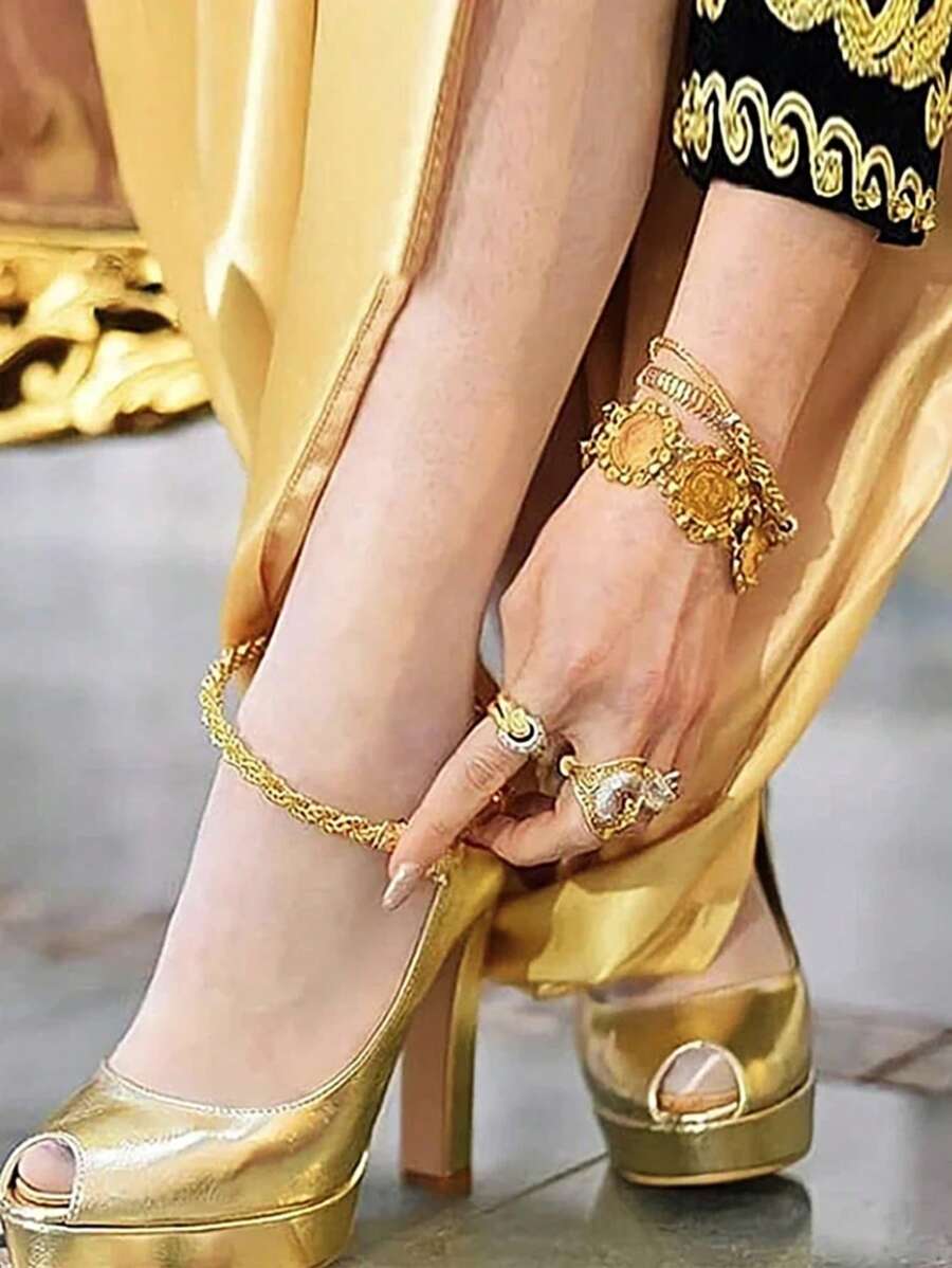 Herseygold 1pc Turkish/Arabic Snake Style Women Anklet, Luxury Gold Plated Middle Eastern Muslim Bride Foot Jewelry