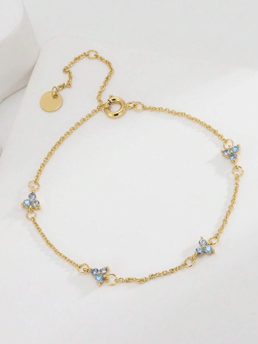Charm-In 18k Gold Plated Brass Delicate Bracelet With Blue Zirconia Stone, And Versatile, Suitable As A Valentine's Day Gift