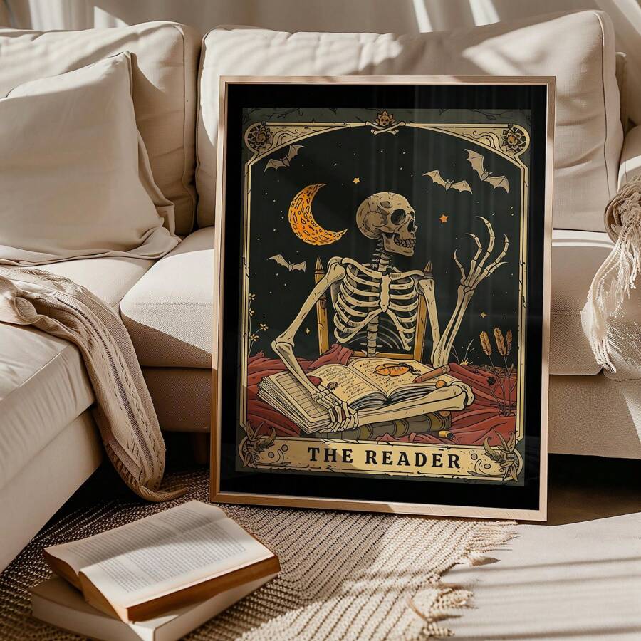 1 pieza Impresión de arte de pared de lector de tarot gótico, Halloween esqueleto amante de los libros, póster de bruja de biblioteca con símbolos sagrados, decoración sin marco de academia oscura para dormitorio espeluznante/rincón de lectura, regalo místico y decoración de fiesta (Impresiones de pared ocultas de vuelta al colegio)