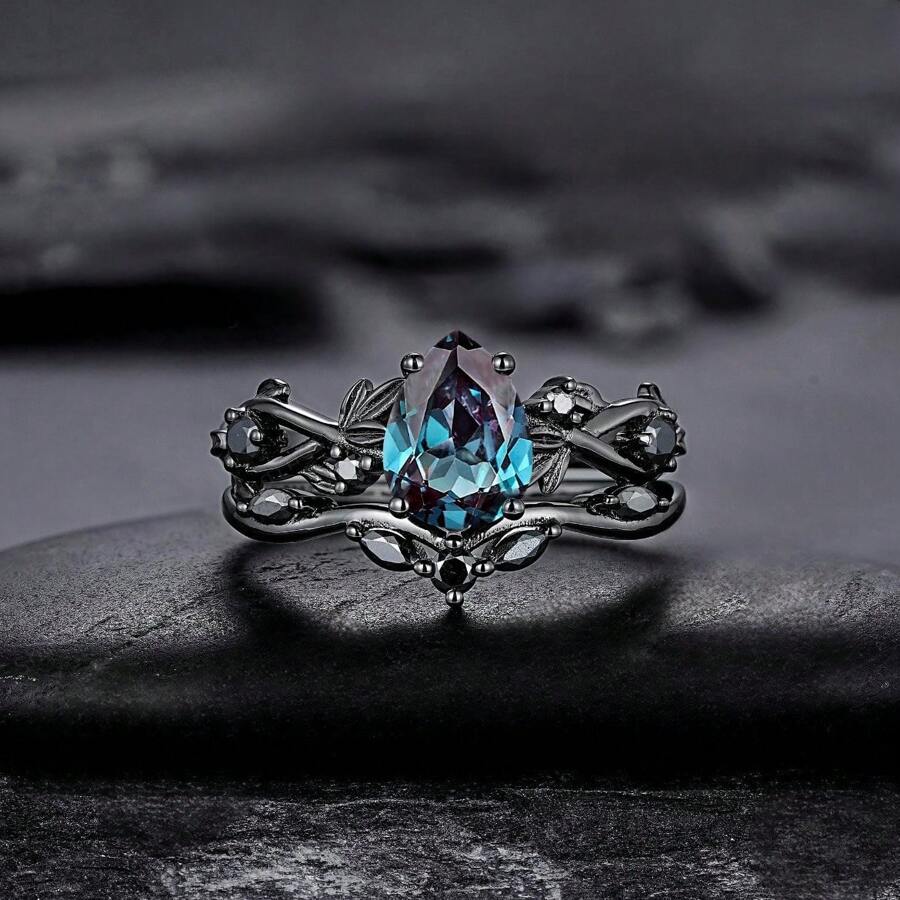 2pcs Women's Fashionable Zirconia Gun-Black Matching Rings, Personalized Jewelry