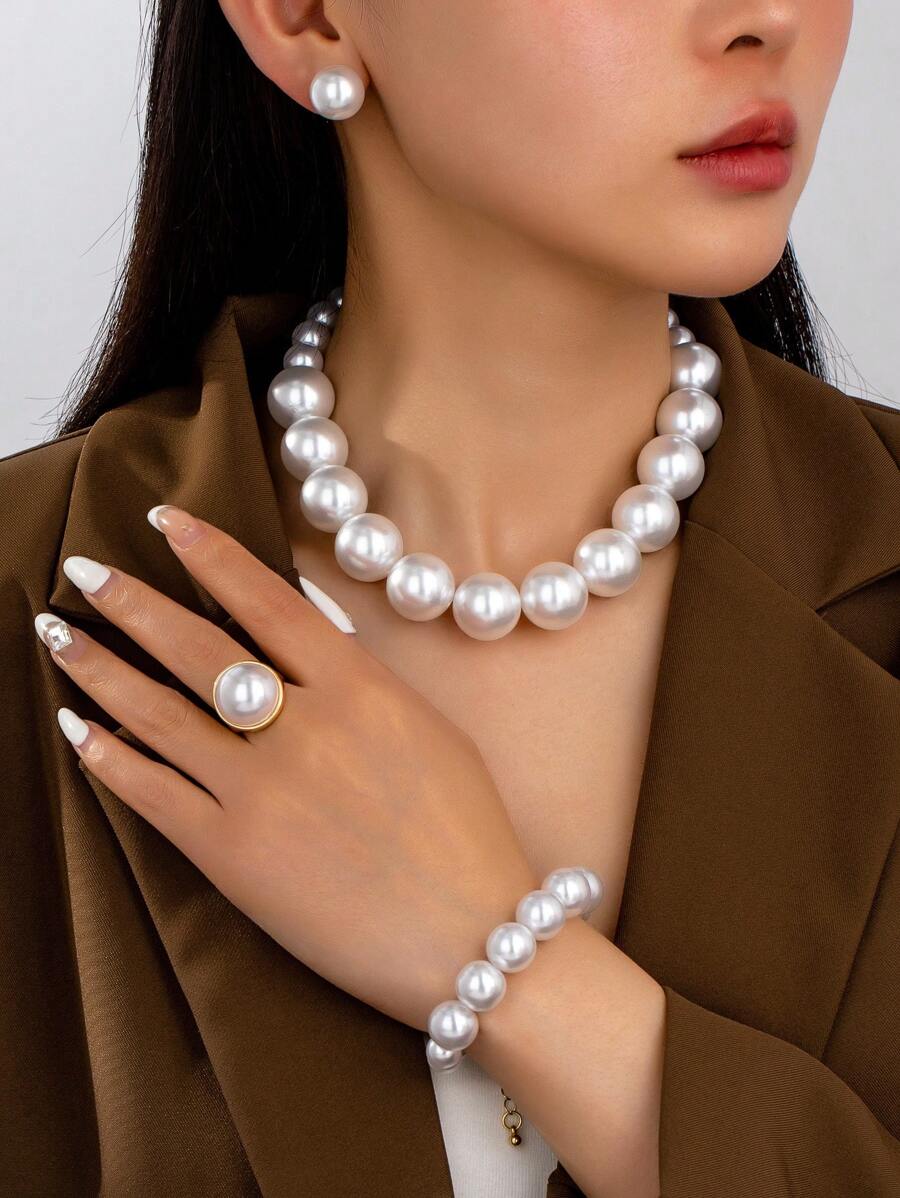 1 Set Elegant Beaded Necklace, Bracelet, Earrings, Ring Jewelry Set, Fashionable Design With High-End Style