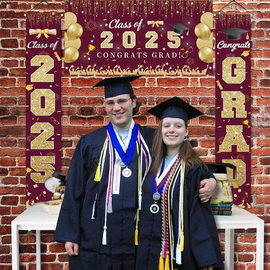 3pcs,2025 Graduation Season, Hangable Door Banner, Pink Graduation Season Photo Background, Happy Graduation Design, Wrinkle-Free Polyester Material, Party Seasonal Decoration, Used For Graduation Season