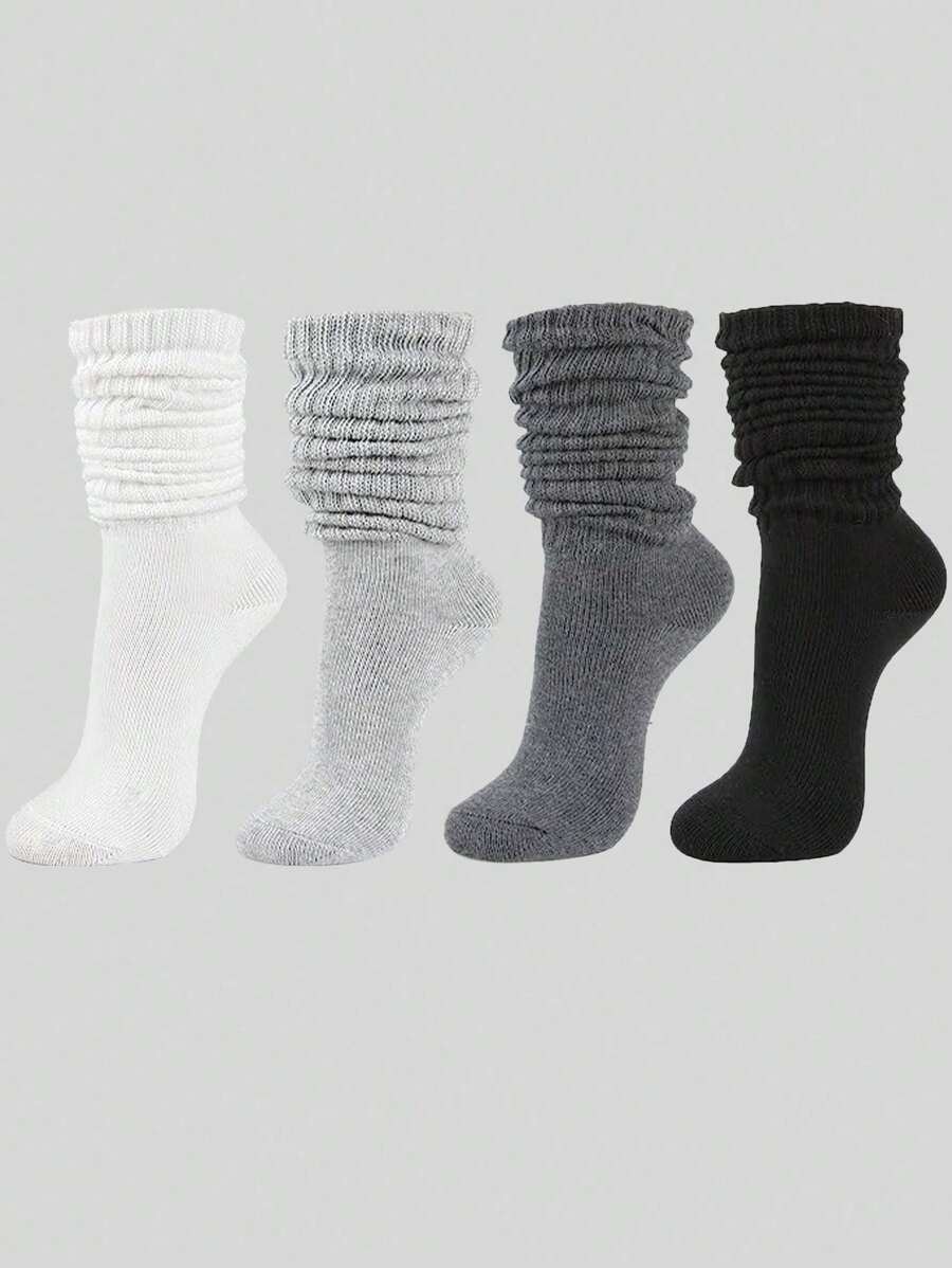 1/2/4 pares de meias femininas de malha de cor sólida, meias brancas cano alto, meias dobradas empilhadas, meias justas femininas, meias esportivas adequadas para todas as estações, tamanhos 36-43