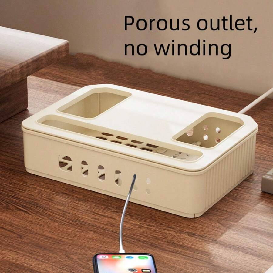 1pc Large Capacity Multi-Hole Cord Management Storage Box, Minimalist Style Available In Multiple Colors, Multi-Slot Design Helps Organize Tangled Cables, Suitable For Daily Desk Organization