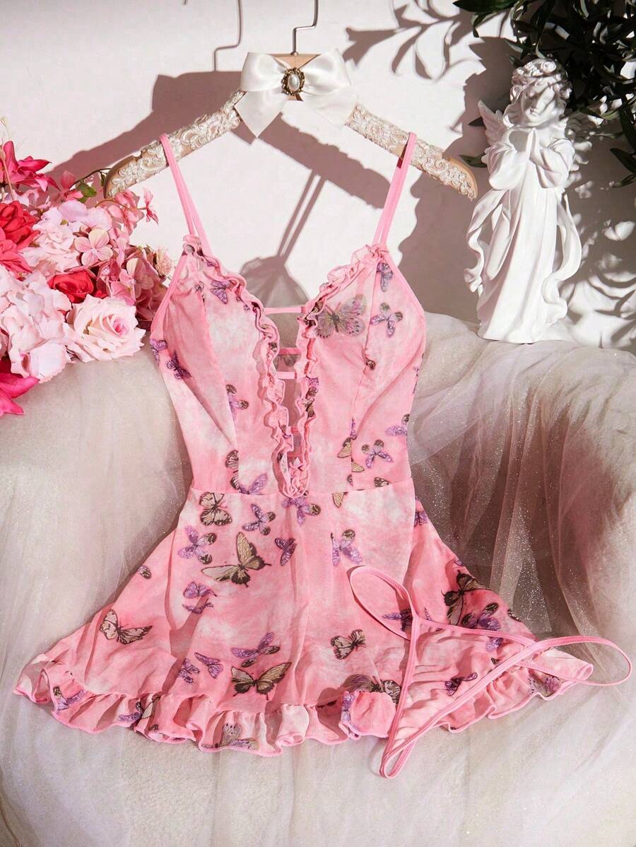 2pcs/Set Women Sexy Lingerie Set, Mesh Butterfly Print Nightgown, Wireless Bra With Ruffle Hem Design, Spaghetti Strap Chemise With Sexy Thong