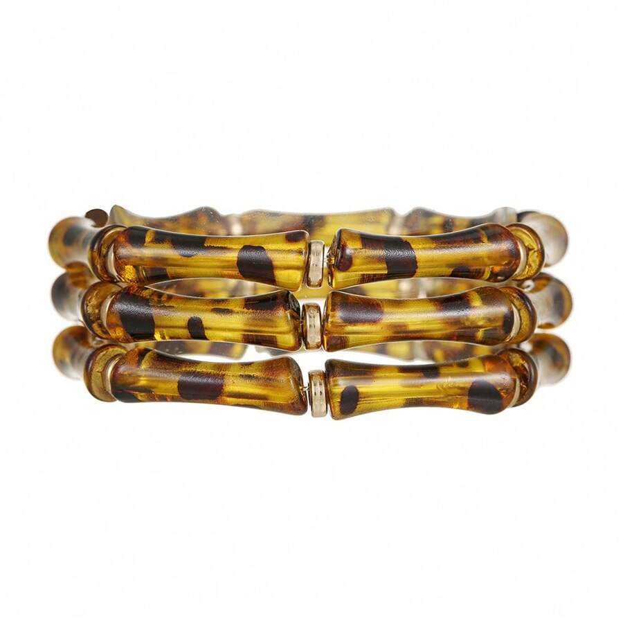 3pcs/Set Bohemian Multicolor Acrylic Leopard Print Bamboo Bracelets For Women Wedding Jewelry Party Charm Layer Beaded Bangles