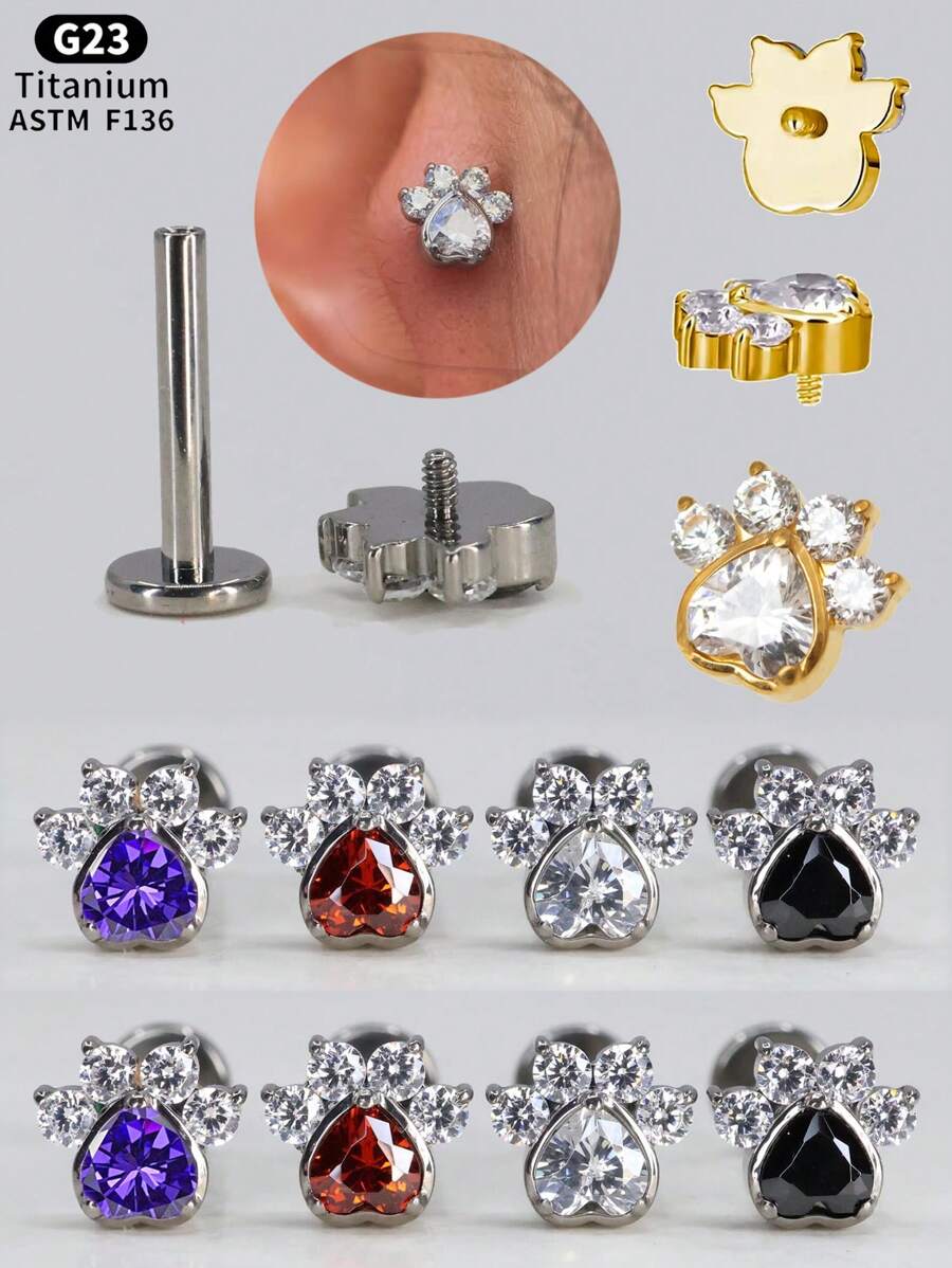 Aretes de titanio ASTM F136 con circonitas engastadas en forma de pata de gato, animal o perro, con rosca interna de 1,2 mm (calibre 16), para piercing de caracola, hélix, cartílago, lóbulo, trago y daith.