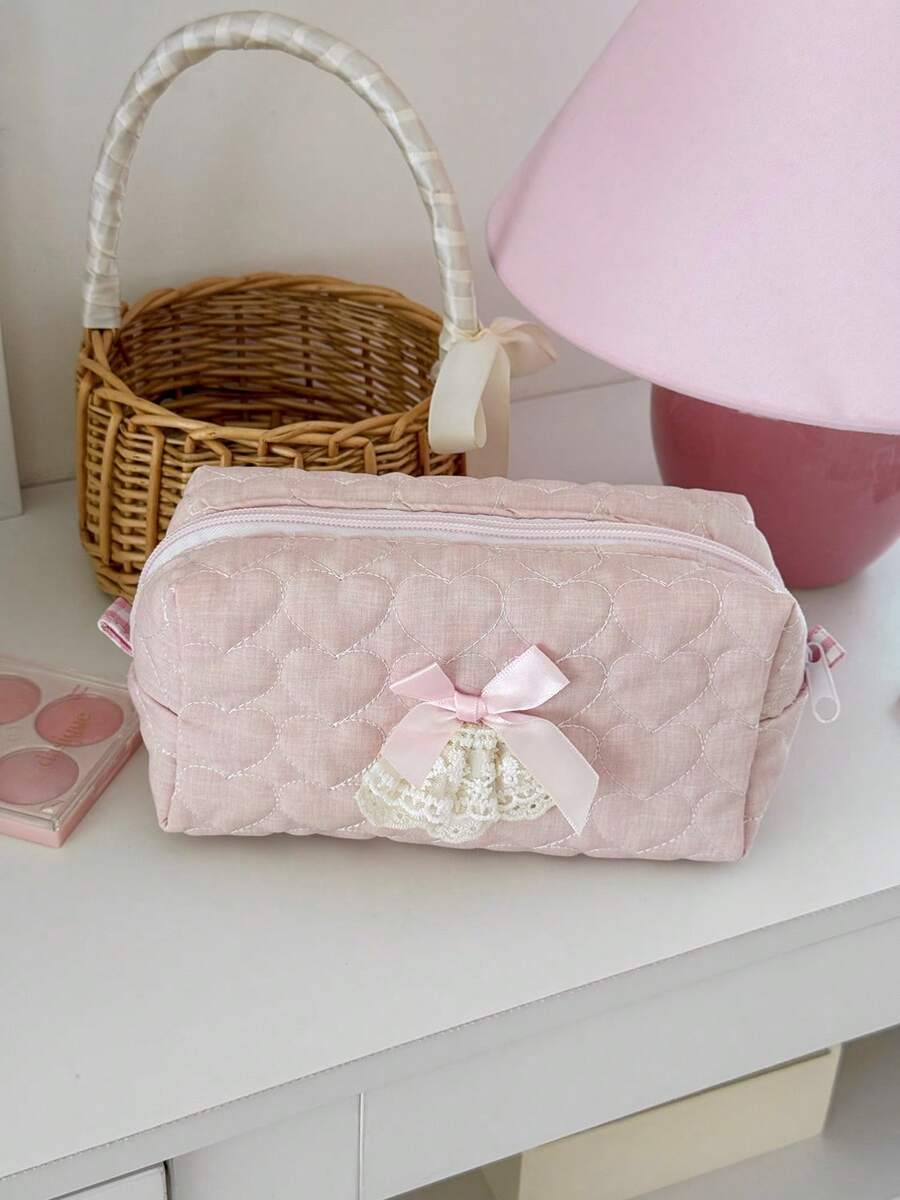 Bolsa de maquillaje de tela suave con encaje en forma de lazo, estilo lindo y dulce, gran capacidad, bolsa de lavado portátil para viajes, bolso versátil desmontable para damas