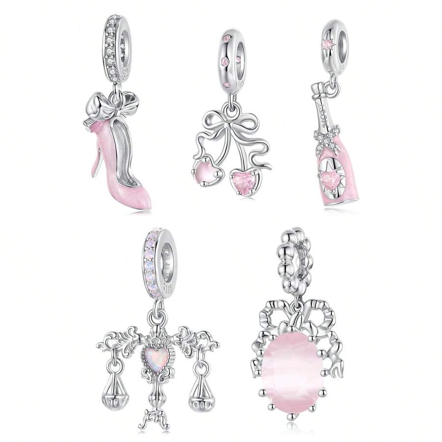 WOSTU 1 pieza Colgante lindo de lazo de plata de ley 925, colgante de tacones altos de cerezo rosa, colgante adorable para mujer, apto para collar, pulsera, joyería de moda, regalo