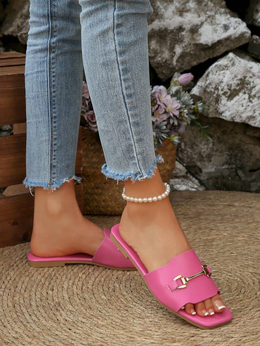 Women's Metal Buckle Slip-On White Sandals, Summer