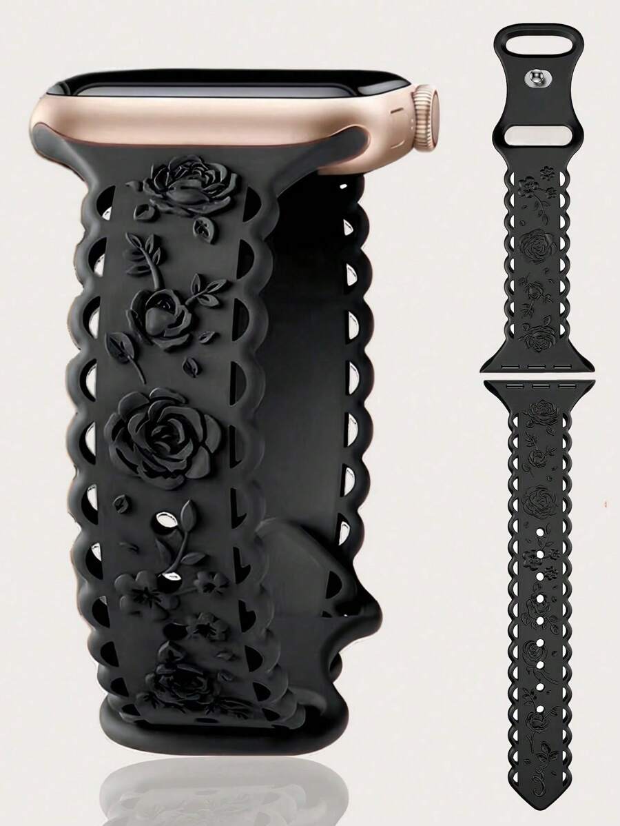 Lace Flower Floral Engraved Band Compatible With Apple Watch Band 49mm 46mm 45mm 44mm 42mm 41mm 40mm 38mm, Waterproof Sport Silicone Wristbands Replacement Strap For Apple Watch Series 10 9 8 7 6 5 4 3 2 1 SE For Women