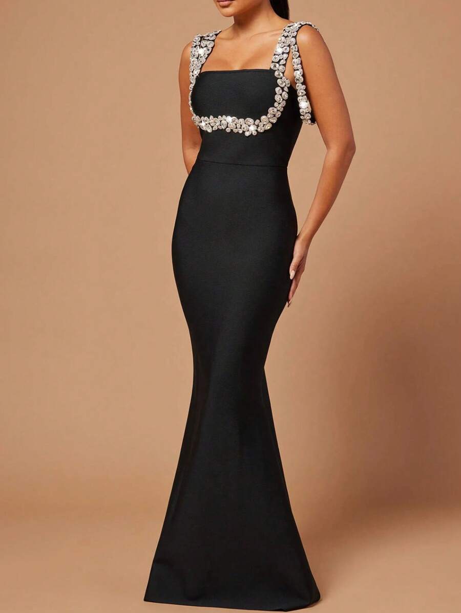 Bernatova Vestido de sirena con escote cuadrado, tiras y espalda descubierta, adornado con apliques de lujo. Vestido de fiesta largo y elegante con pedrería, para eventos de alta gama, alfombra roja, ocasiones formales, bodas, ceremonias y fiestas.