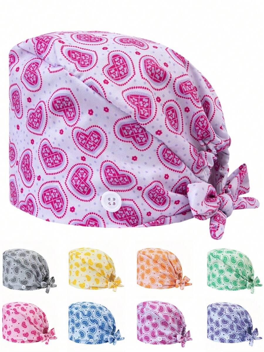 1 pieza Gorra ajustable de mujer con patrón de corazón y floral, talla única, absorbe el sudor con banda elástica, adecuada para salón de belleza, veterinaria, médico, enfermera, trabajador de saneamiento