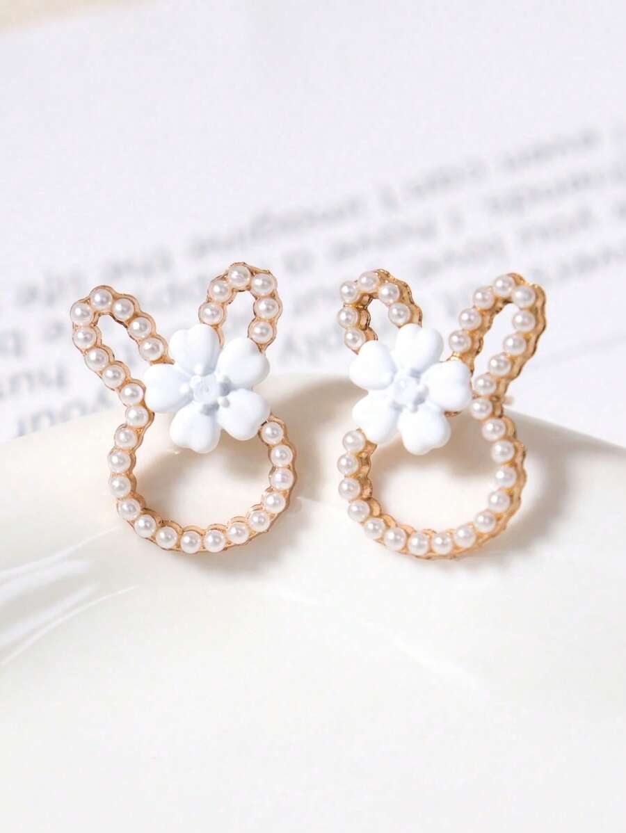 1 Pair Korean Cute Flower Rabbit Ear Studs With Sweet Mini Pearl Design, Fresh & Adorable Earrings For Girls