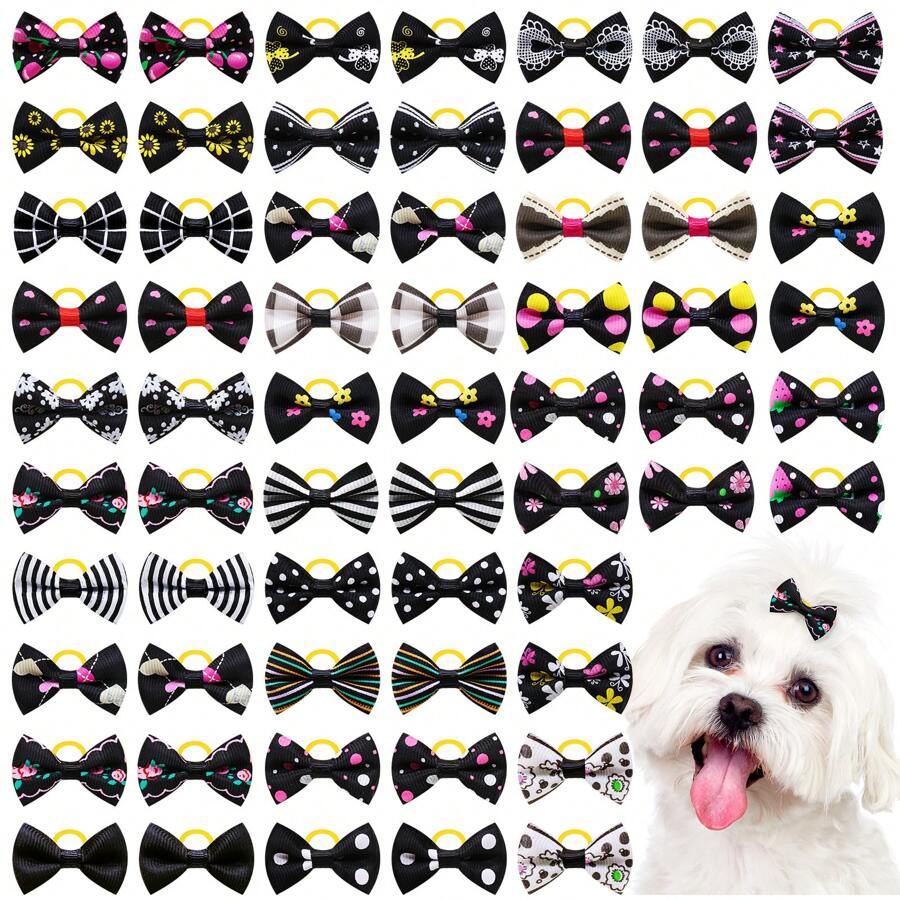 20pcs Random Pack Durable High-End Bowknot Pet Hair Accessories, Cat & Dog Headbands, Hair Ties In Black Series