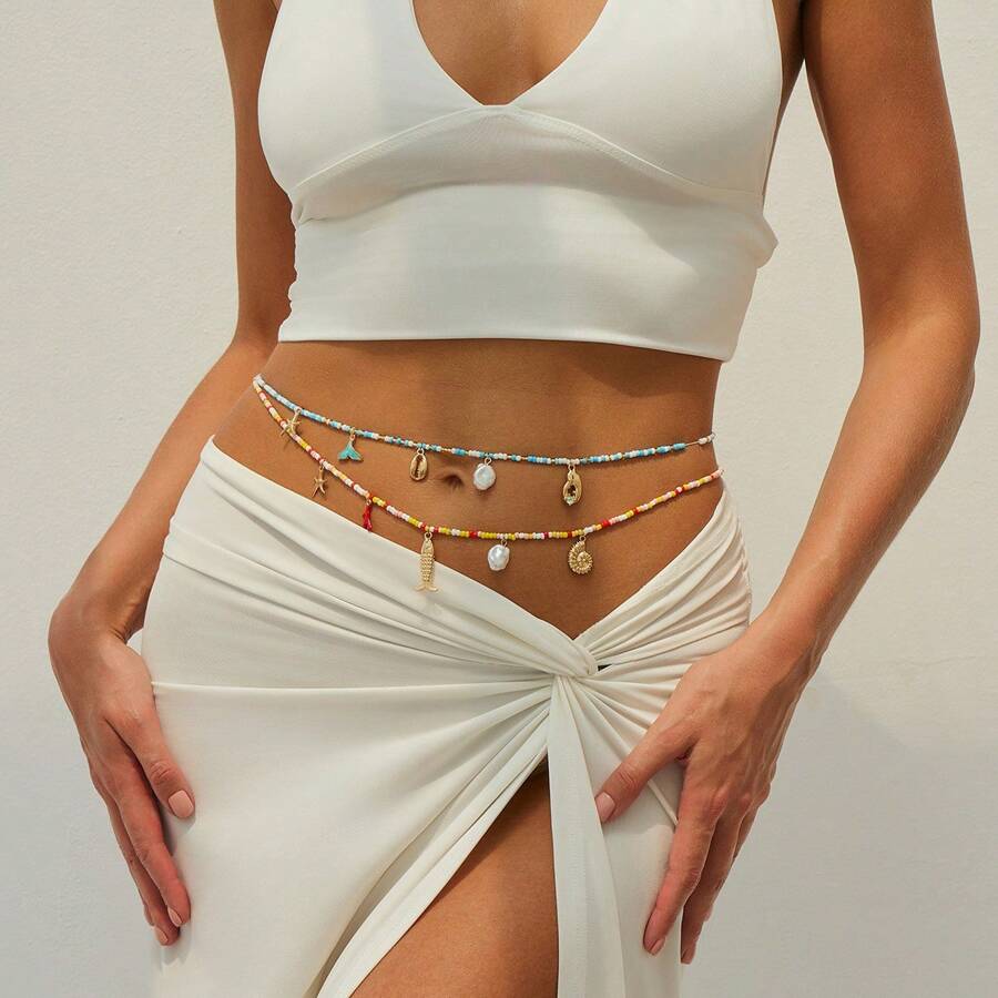 1 pièce Chaîne de taille élastique style vacances avec étoile de mer et coquillage perles, chaîne de corps de sirène sexy pour femmes, style INS