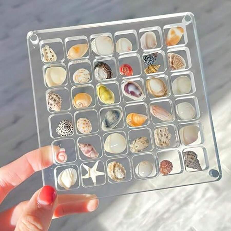 1pc 36/64/100 Grids Acrylic Shell Storage Box, Square Transparent Seaside Beach Stone Specimen Display Mini Shell Storage Frame, Desktop Organizer Jewelry Gift Box DIY Decor Box Holiday Gift For Women Storage Organizer Travel Essentials Back To School Dormitory Storage
