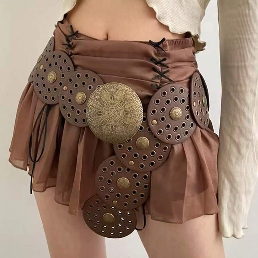 1pc Women's Coffee Brown PU Leather Western Hollow Metallic Eyelets Round Waist Belt Fall, Autumn, Halloween