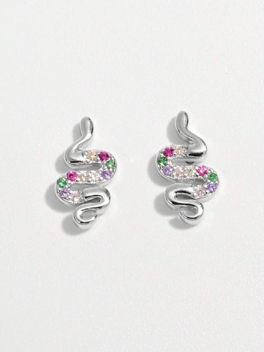 1 par de pendientes con diseño de serpiente de plata 925 con CZ, accesorio elegante y clásico para fiestas y uso diario