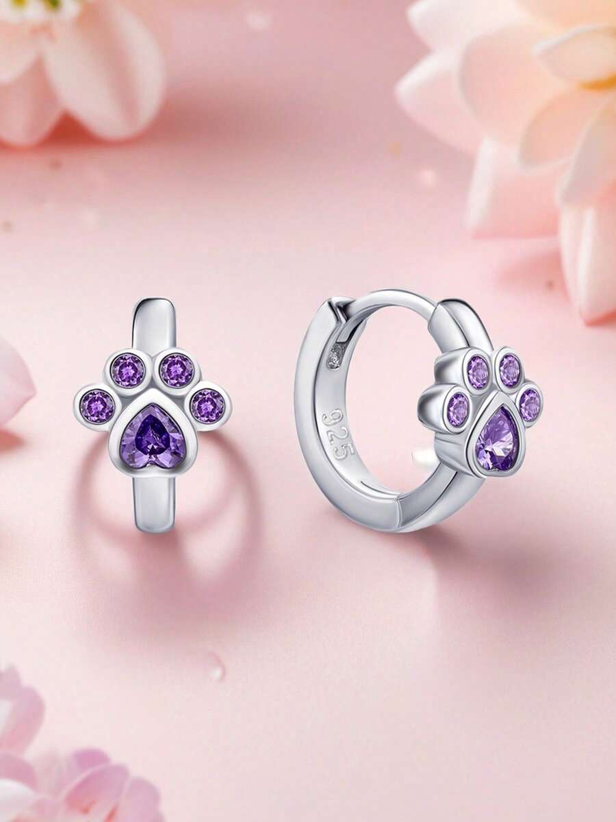 1 Paar 925 Sterling Silber Hypoallergene süße Katzen Pfoten Ohrringe - besetzt mit funkelndem lila Zirkonia, charmant und niedlich. Perfekt für Mädchen Frühling/Sommer Alltag oder Zusammenkünfte, ideal als Geburtstags-/Feiertagsgeschenk für Mädchen oder Freundinnen